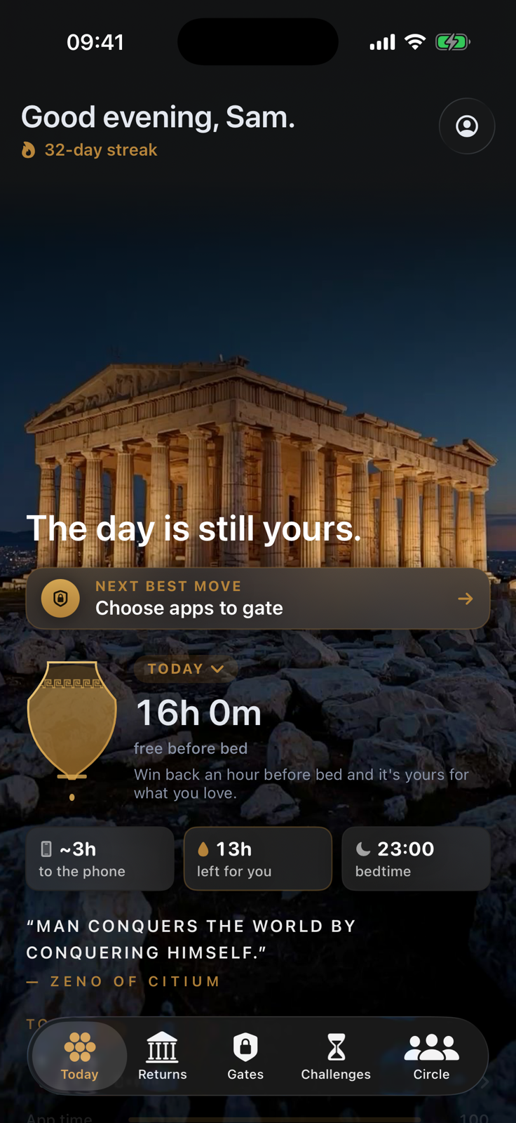 The Tymos Today screen: the day is still yours, 16 hours free before bed, under a lit temple